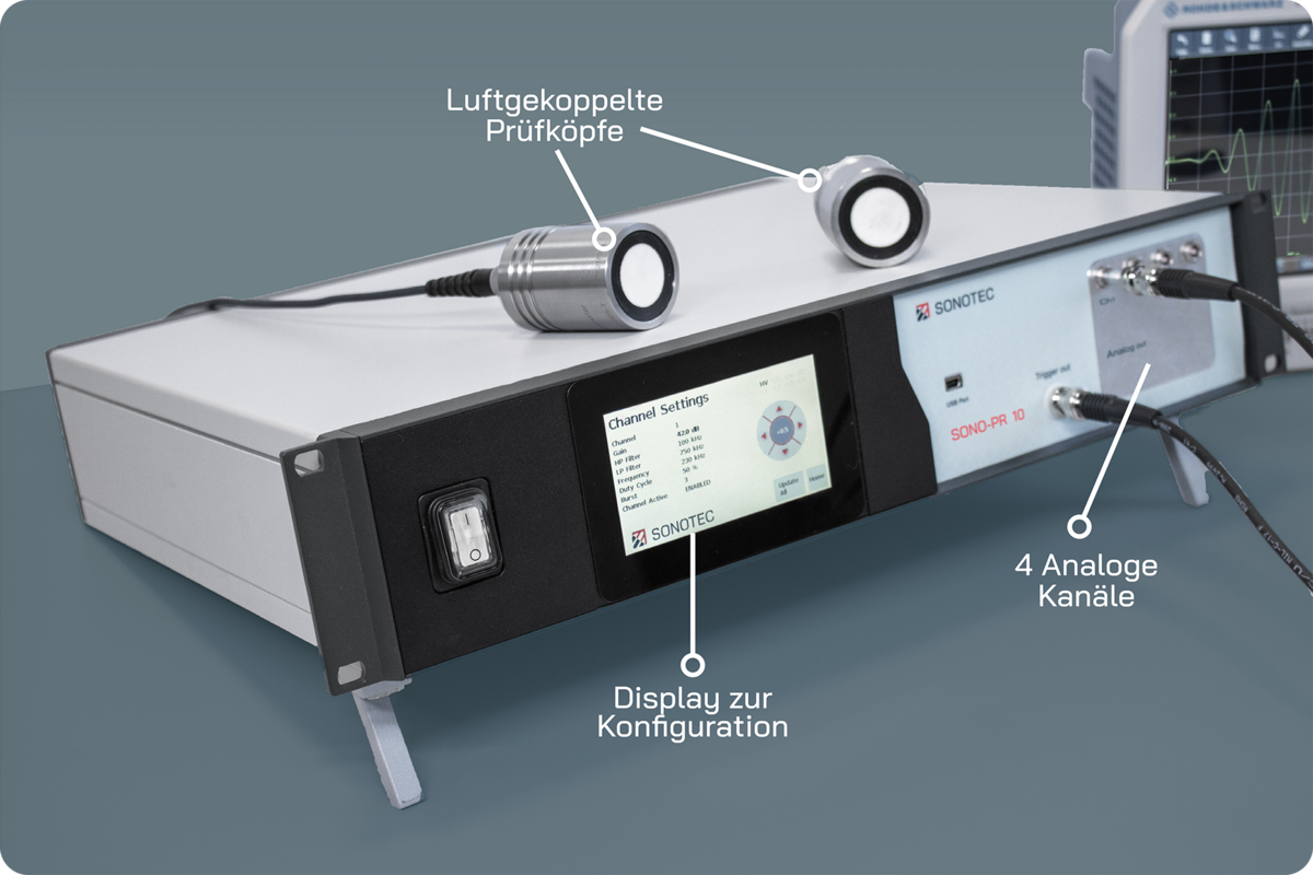 SONO-PR 10 Pulser Receiver mit 4 Kanälen, verschiedenen Prüfköpfen und Touch-Display